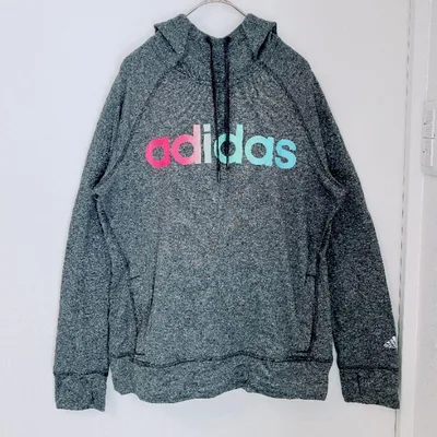 美品✨アディダス パーカー フード 長袖 指穴あき 灰色 M グレー レインボー
