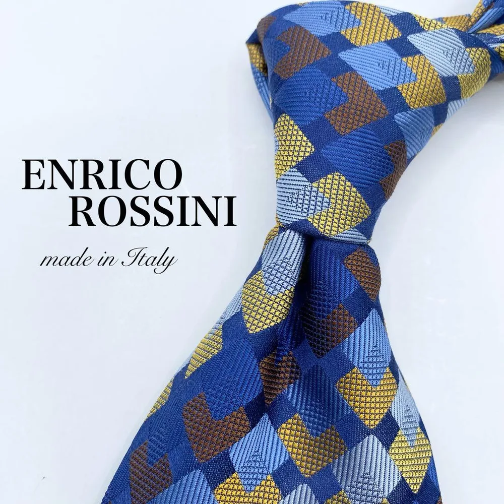 【極美品】ENRICO ROSSINI 幾何学模様 ネイビー ゴールド ネクタイ