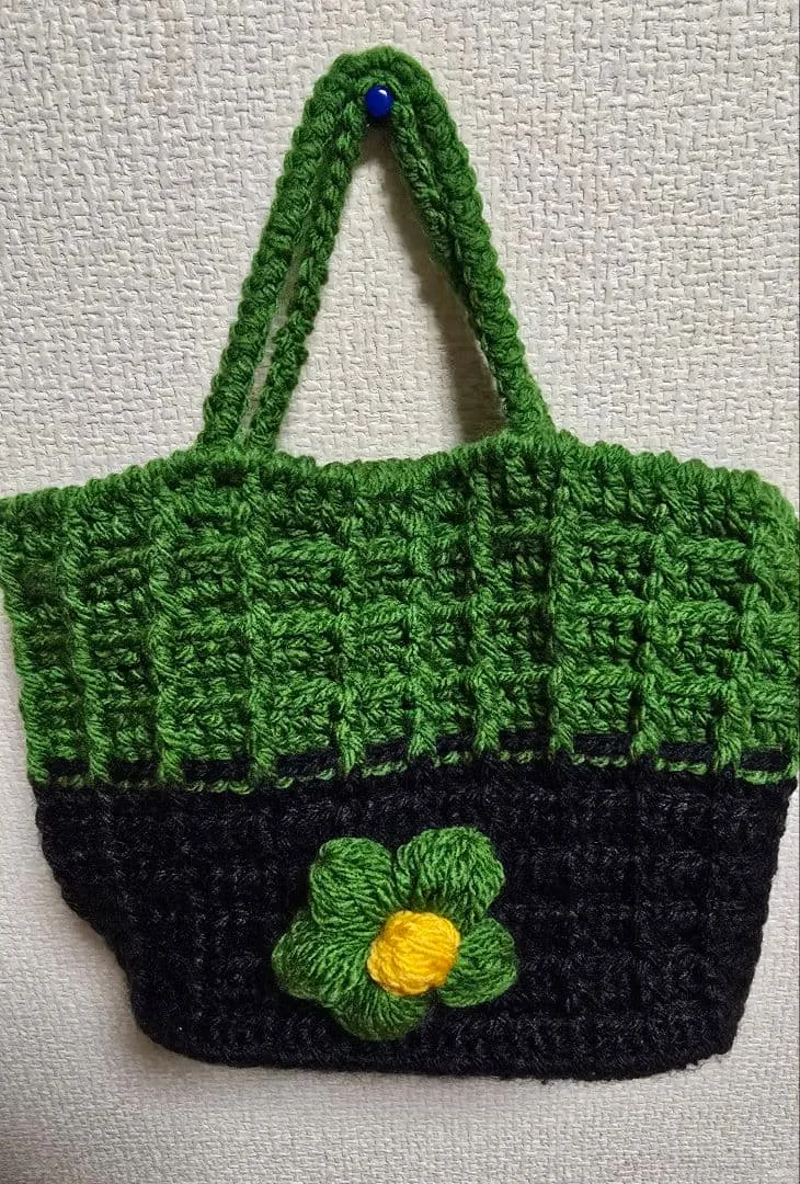 ハンドメイド かぎ編みトートバッグ 緑と黒