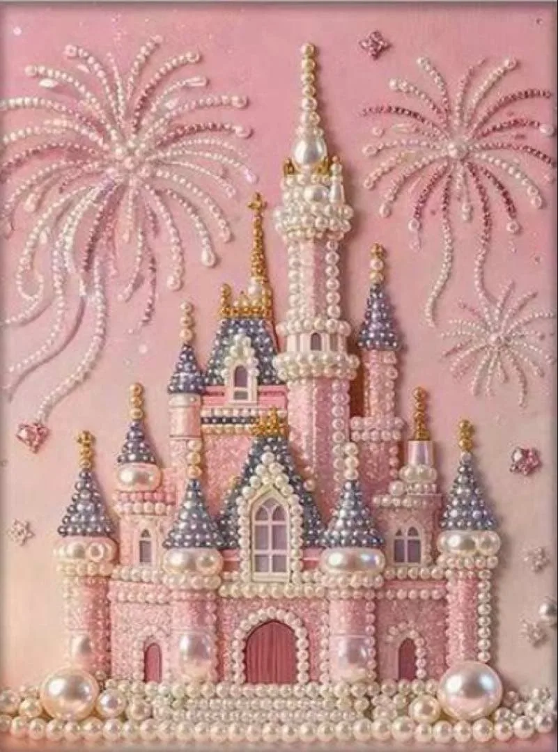 パールアート ダイヤモンドアートキット お城 花火 ピンク 35×45