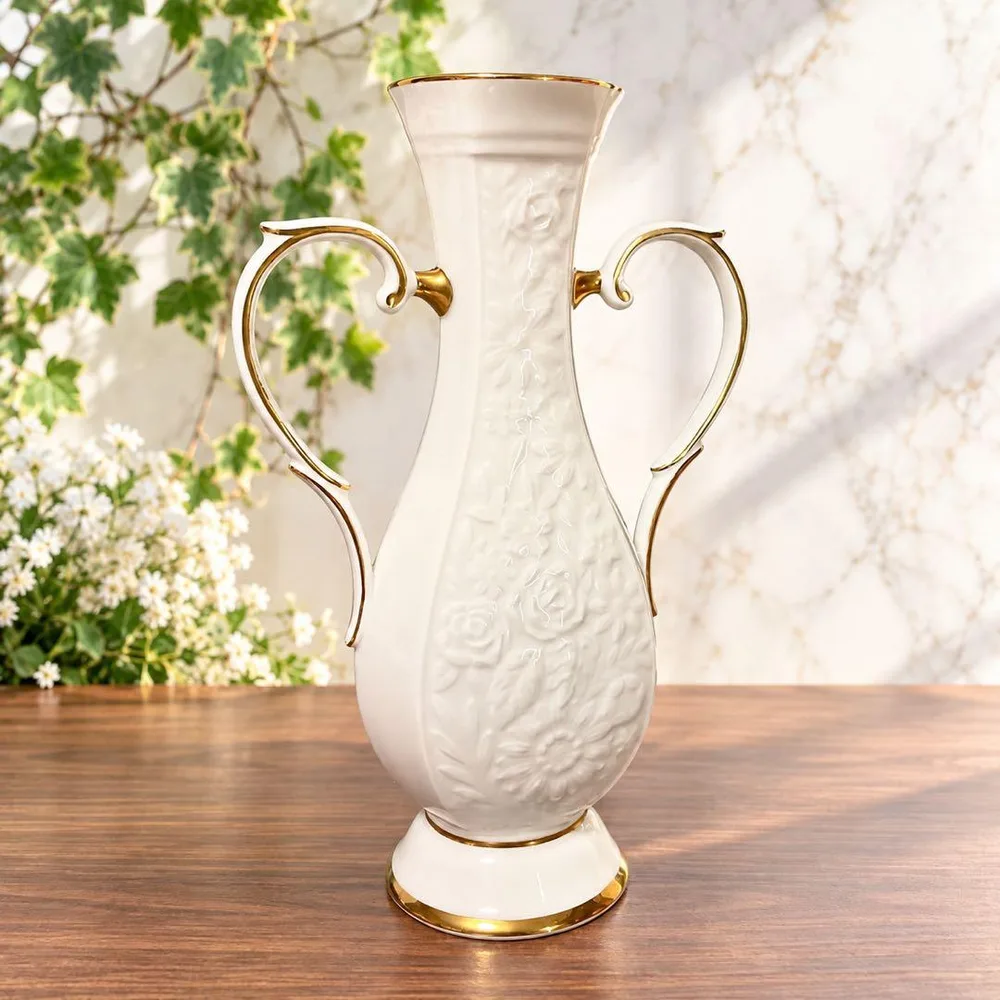 Noritake Noritake แจกันจีนงาช้าง หูคู่ พอร์ซเลนสีขาวทอง