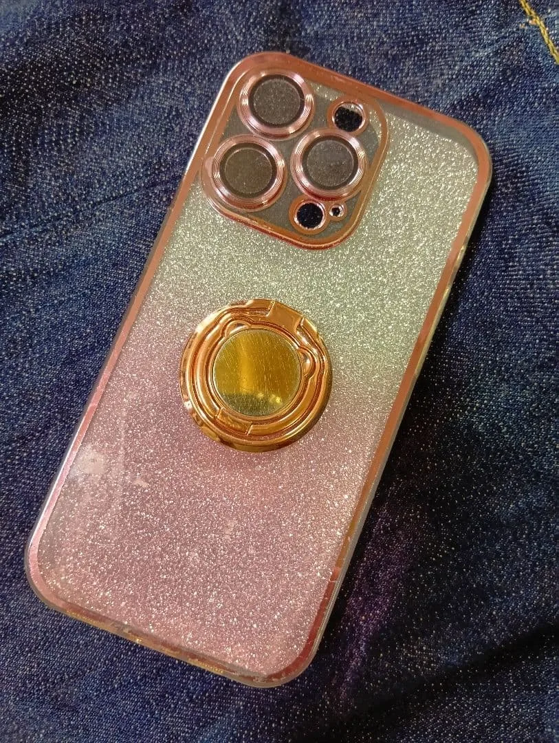 15プロ iPhone用ケース グリッター ピンクゴールド バンカーリング付
