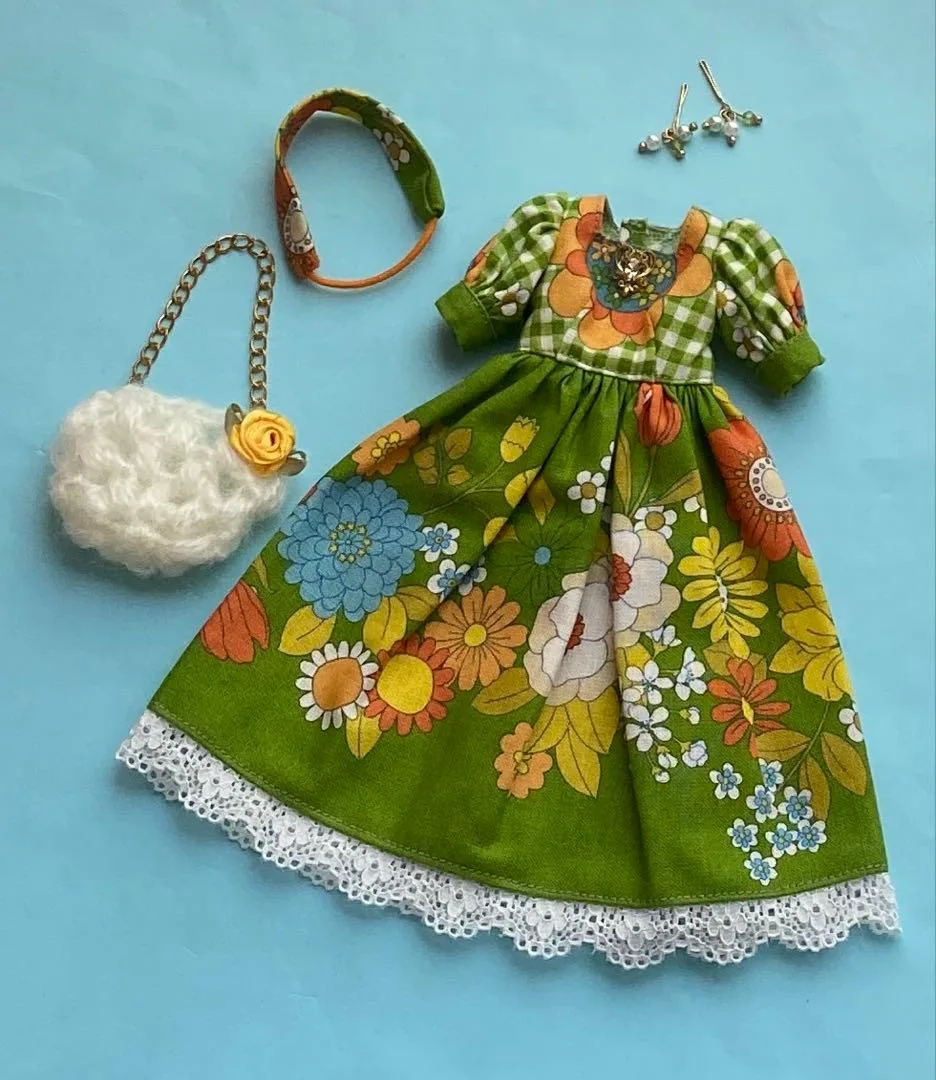 リカちゃん ジェニー 作家様ハンドメイド レトロワンピースセット 緑