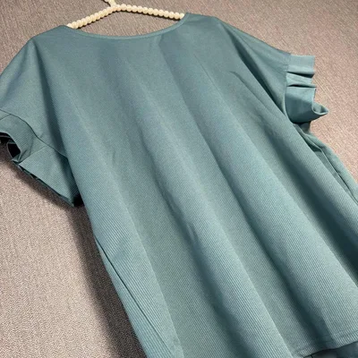 GLACIER ブルーグリーン フリル袖 リブカットソー 半袖 Lサイズ
