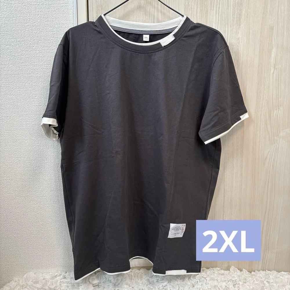 フェイクレイヤード Tシャツ チャコール 2XL オーバーサイズ 重ね着風 新品