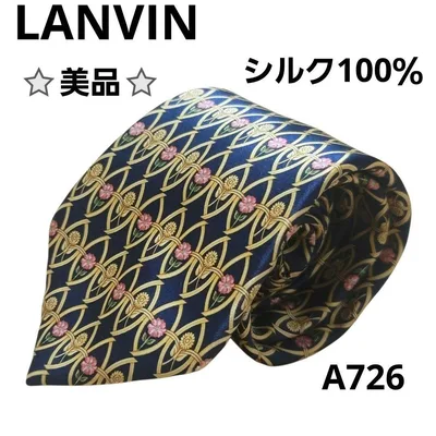 LANVIN ネクタイ ネイビー 花柄 幾何学模様 シルク100% フランス製