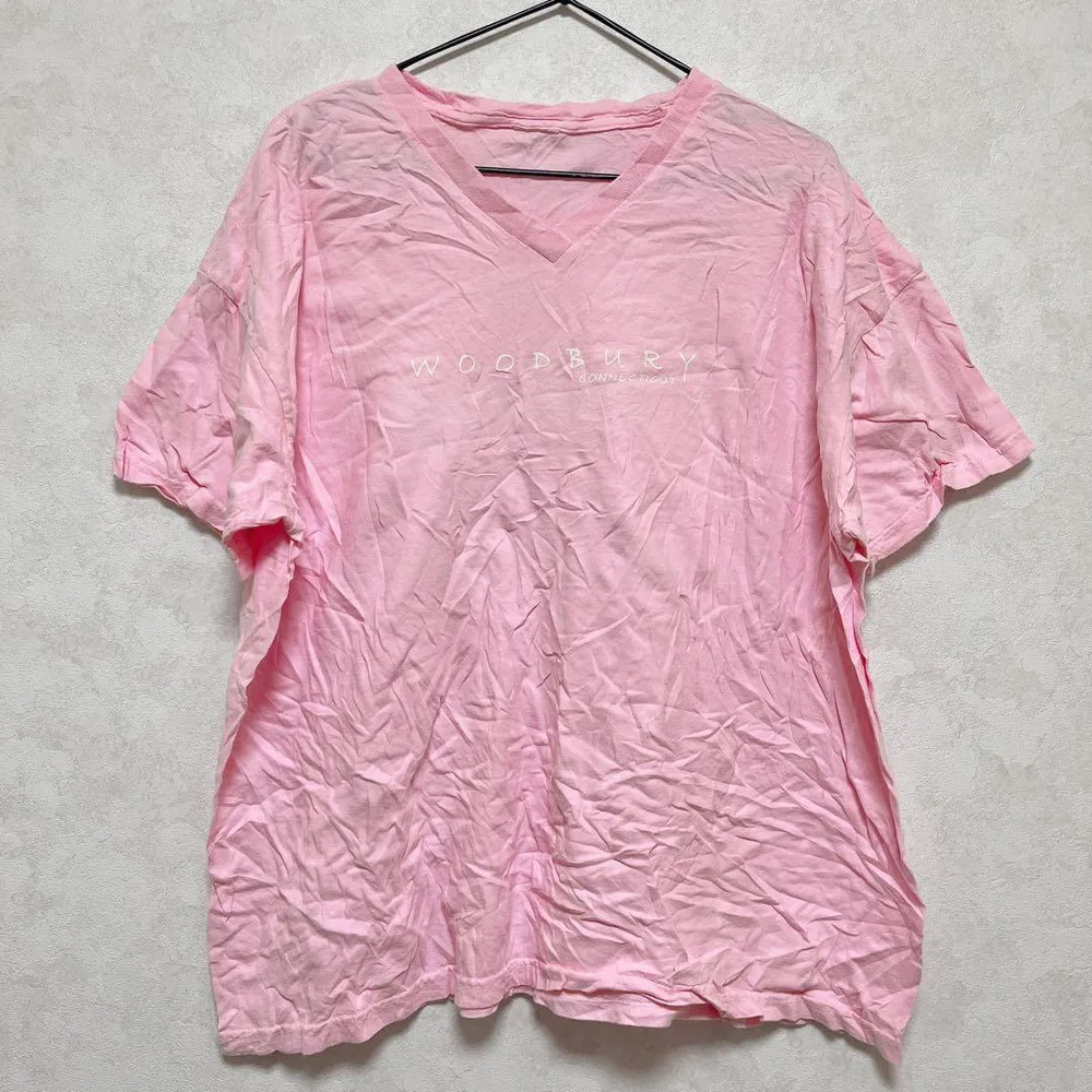 ヴィンテージ 半袖 Tシャツ Vネック ロゴ 2XL 桃 綿 デイリー 部屋着