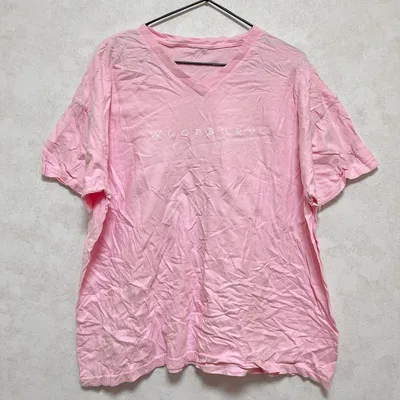 ヴィンテージ 半袖 Tシャツ Vネック ロゴ 2XL 桃 綿 デイリー 部屋着