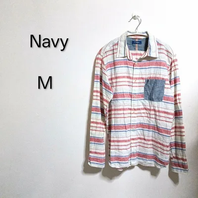 S1627 Navy 長袖シャツ マルチボーダー M