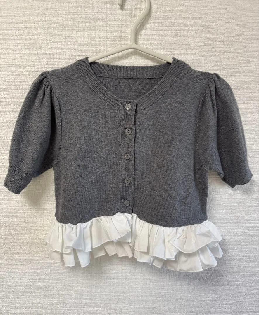 GRL 裾フリル 半袖ニット カーディガン グレー