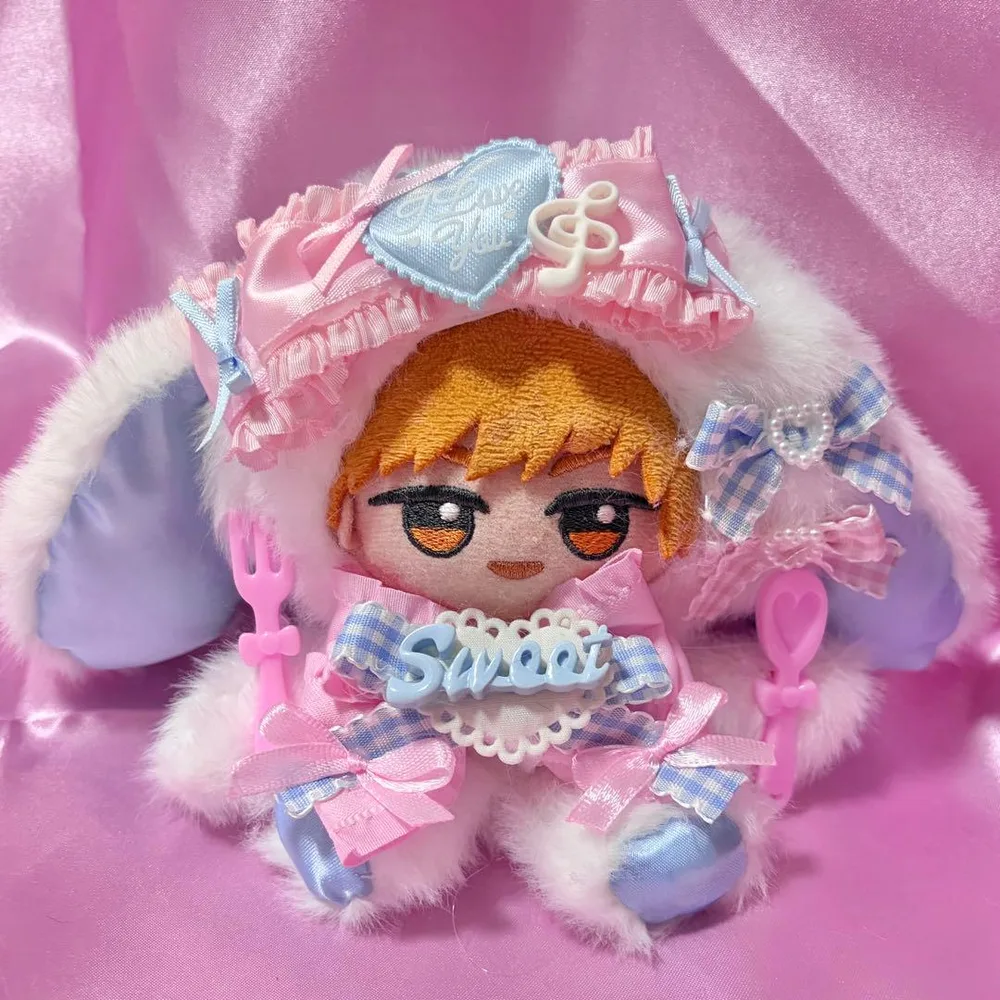 おすわりぬい服 12cm-14cm 垂れ耳うさぎ 白×水色×ピンク 着ぐるみ