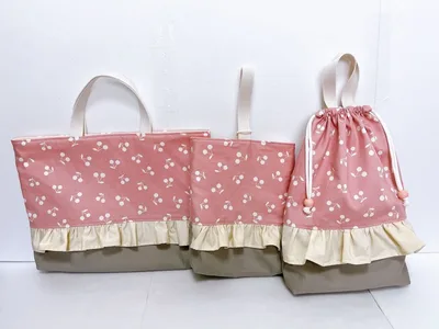 入園入学準備グッズ♡3点セット♡くすみピンクさくらんぼ✖️グレー♡フリル