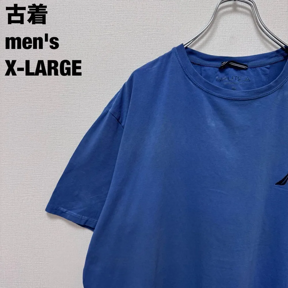 古着 NAUTICA ノーティカ Tシャツ 刺繍ロゴ シンプル ブルー 青 XL