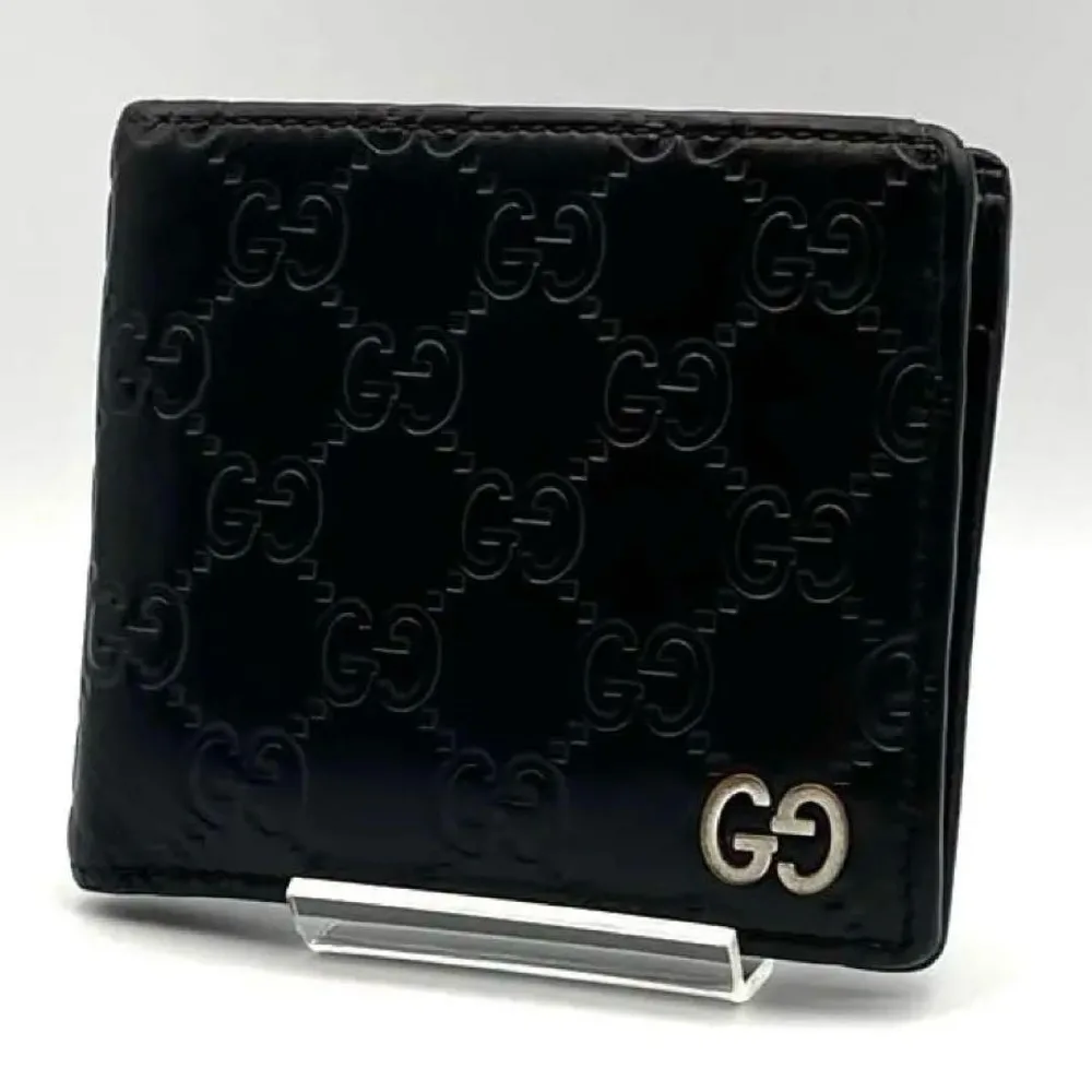 ドリアン✨GUCCI グッチ 二つ折り財布 ウォレット ブラック レザー シマ