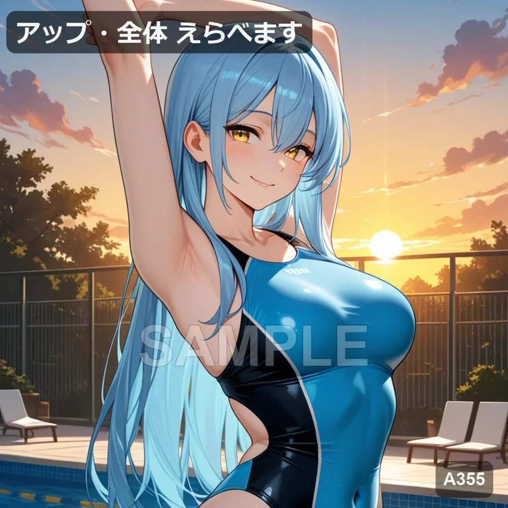 AI美女 A4ポスター 競泳水着 プール 夕方 青髪 イラスト A355