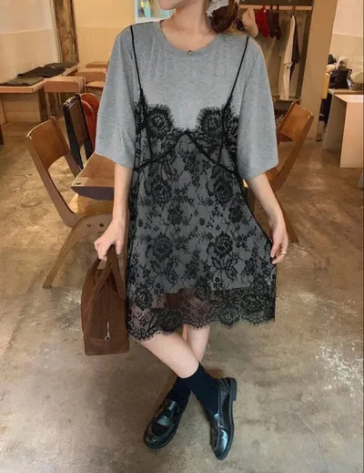 Dazy レース キャミレイヤードワンピース 半袖 ワンピース