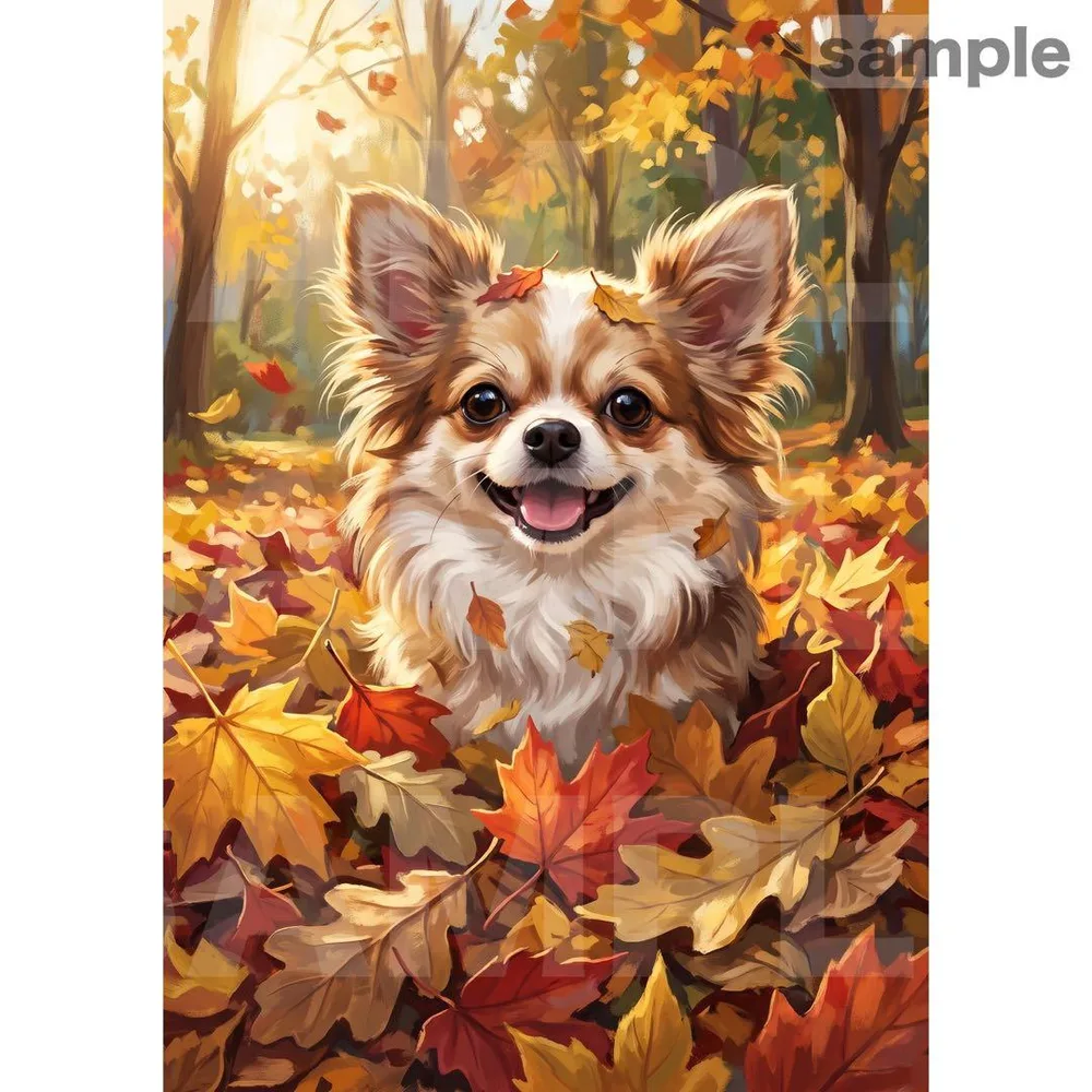A87 落ち葉で遊ぶ チワワ A4サイズ 犬 絵画 紅葉 ポスター アート 絵