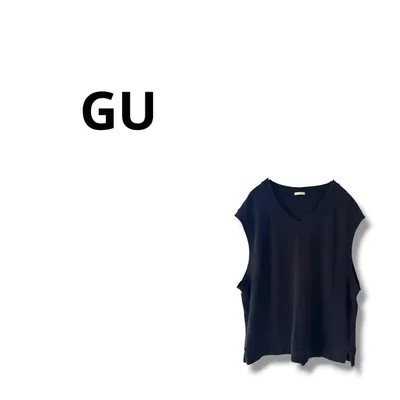 【ジーユー】カットソー Tシャツ ノースリーブ Vネック ブラック XL