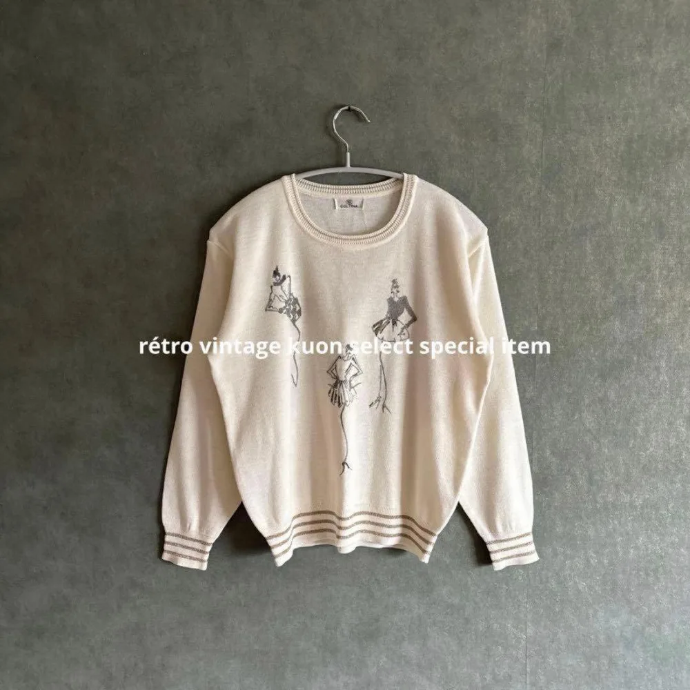 昭和レトロニット レトロ ファッションガール柄 アイボリー アートデザイン