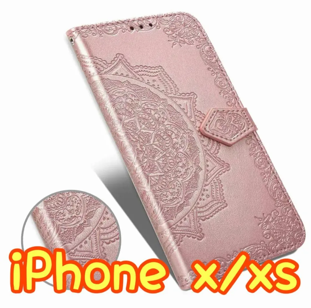 エンボス加工スマホケース 手帳型 iPhone X/Xs ピンク ⑤