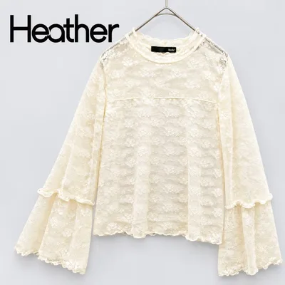 Heather ヘザー レーストップス フレア袖 ハイネック 白 花柄 F