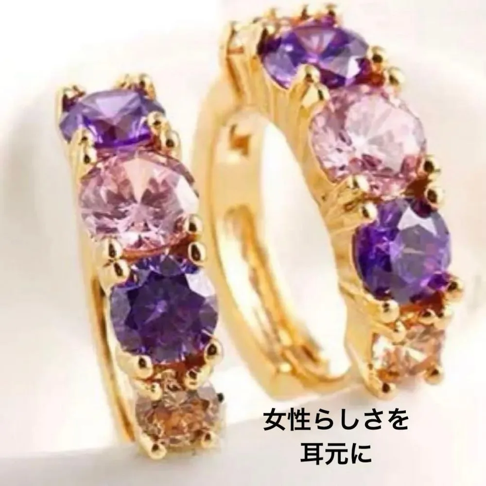 ピアス アメジスト ピンクトパーズ フープピアス イエローゴールド シンプル