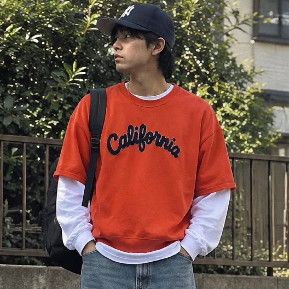 【美品】サニーレーベル カレッジロゴ 半袖スウェット オレンジ L ストリート