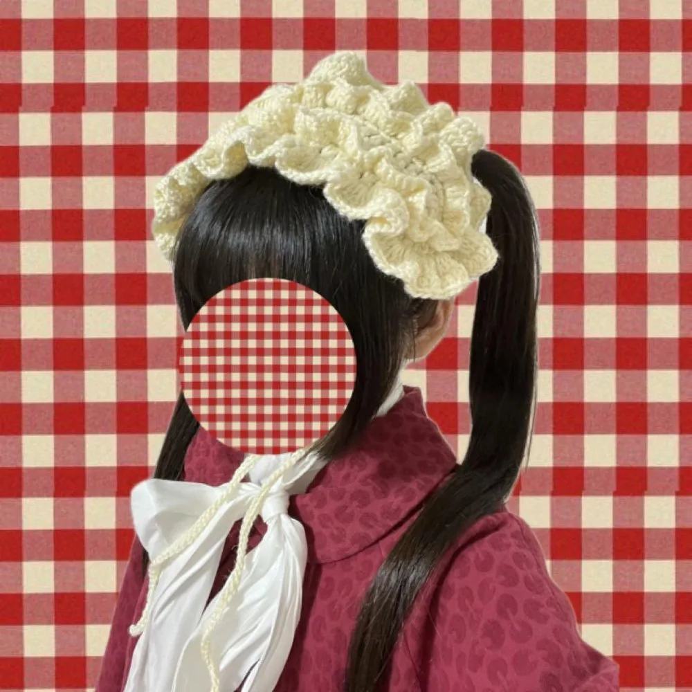 ヘッドドレス 白 ボンネット ロリータ フリル ハンドメイド 手編み かぎ針編み
