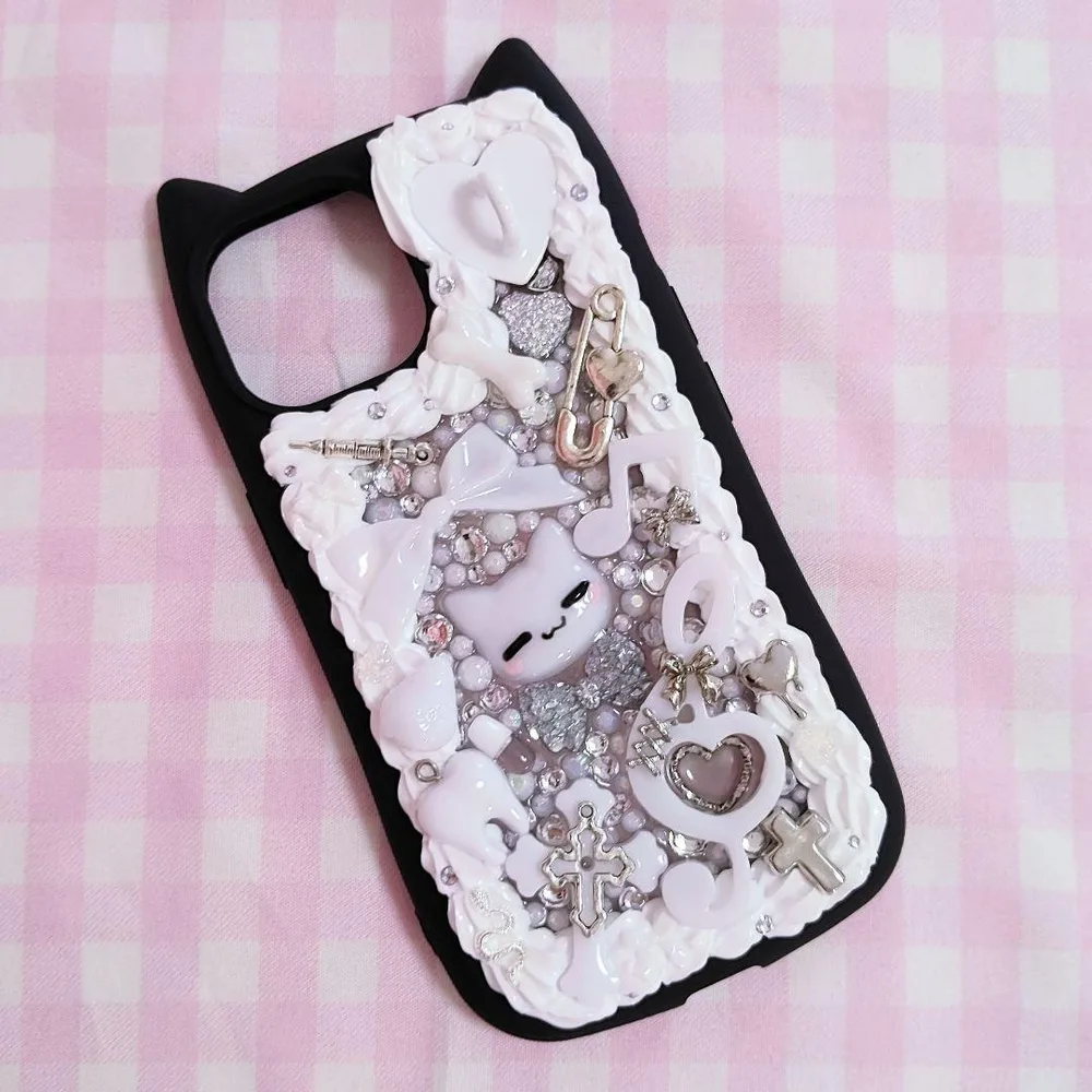 ♡【iPhone15】デコ電 ホイップデコ 白×シルバー×黒 サブカル地雷♡