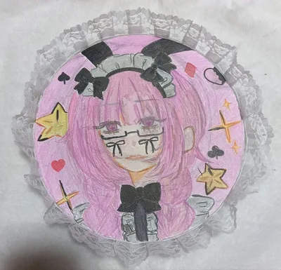手描きイラスト 丸型キャンバス レース装飾 ピンク