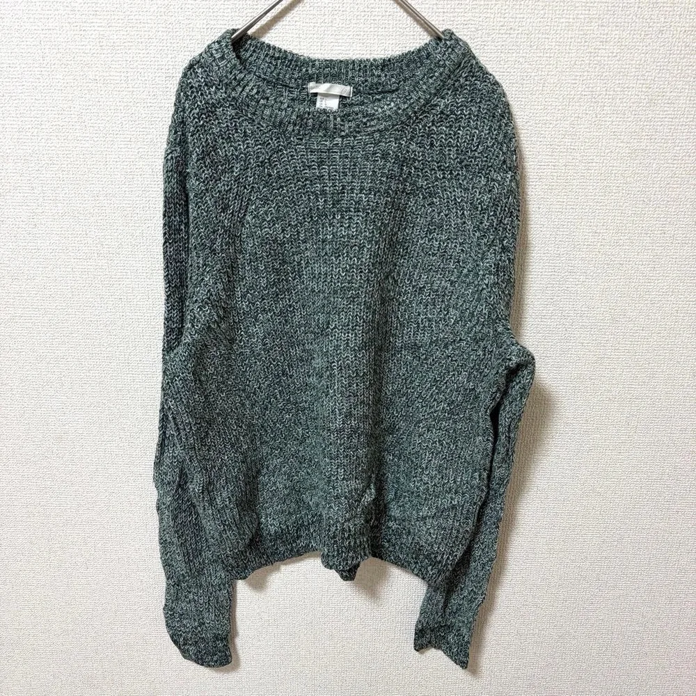 H&M クルーネック 長袖 ニット セーター L 緑 アクリル混 デイリー