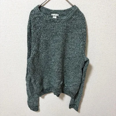 H&M クルーネック 長袖 ニット セーター L 緑 アクリル混 デイリー