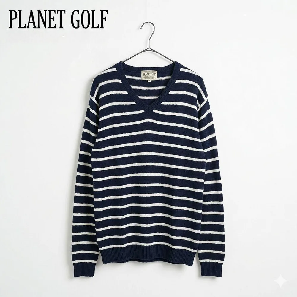 PLANET GOLF Vネック ボーダー ニット 麻100% M大人カジュアル