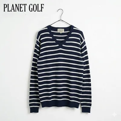 PLANET GOLF Vネック ボーダー ニット 麻100% M大人カジュアル
