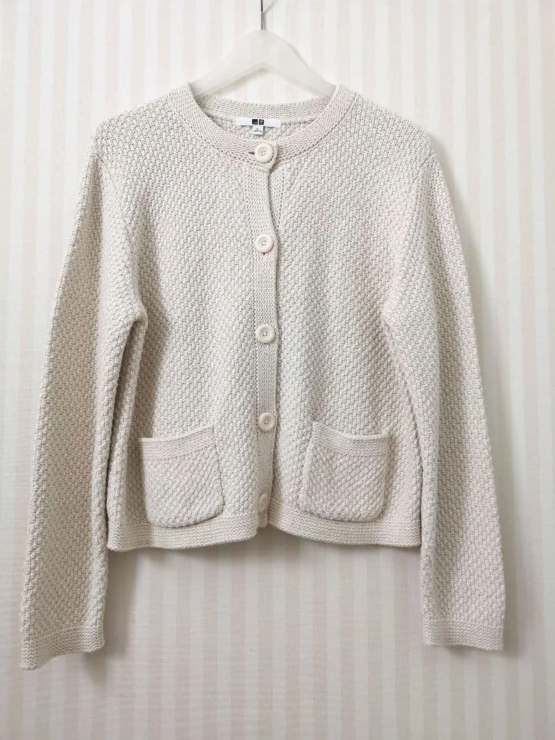 UNIQLO クルーネックカーディガン 長袖 オフホワイト L