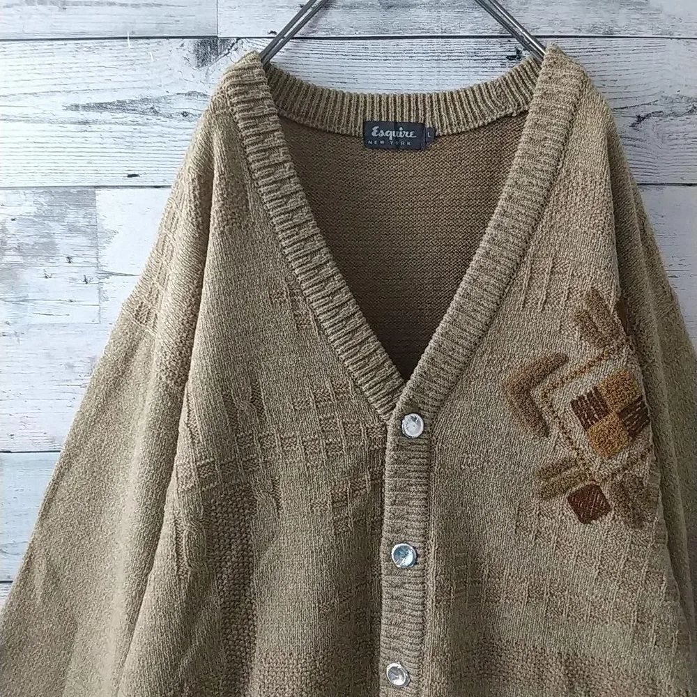 クリーニング済☆ワンポイント刺繍 レトロ ローゲージニット カーディガン L