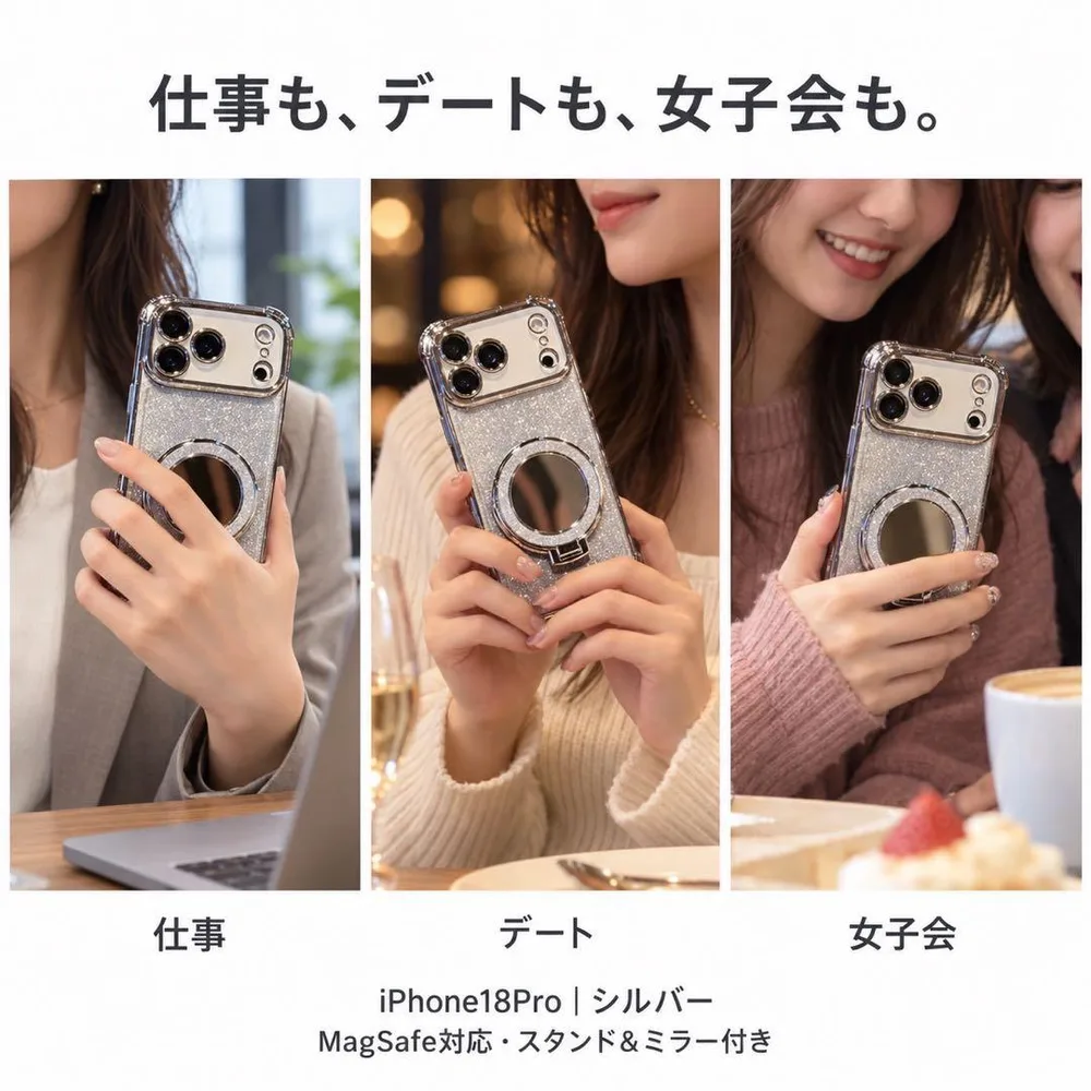 iPhone18Pro ケース キラキラ リング付き MagSafe対応シルバー