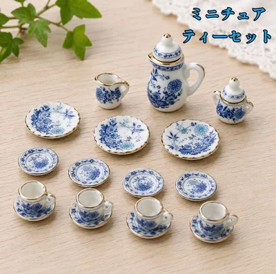 ชุดน้ำชาจิ๋ว 15 ชิ้นตุ๊กตาเซรามิกบนโต๊ะอาหารลายดอกไม้สีฟ้า e