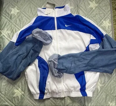 NIKE เสื้อแจ็คเก็ตยีนส์ไนลอนสลับดีไซน์รีเมค