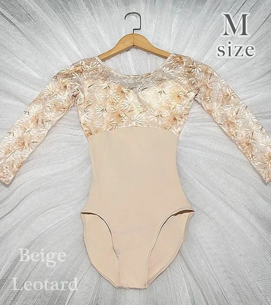 バレエ レオタード ベージュ系 長袖 花柄レース M size