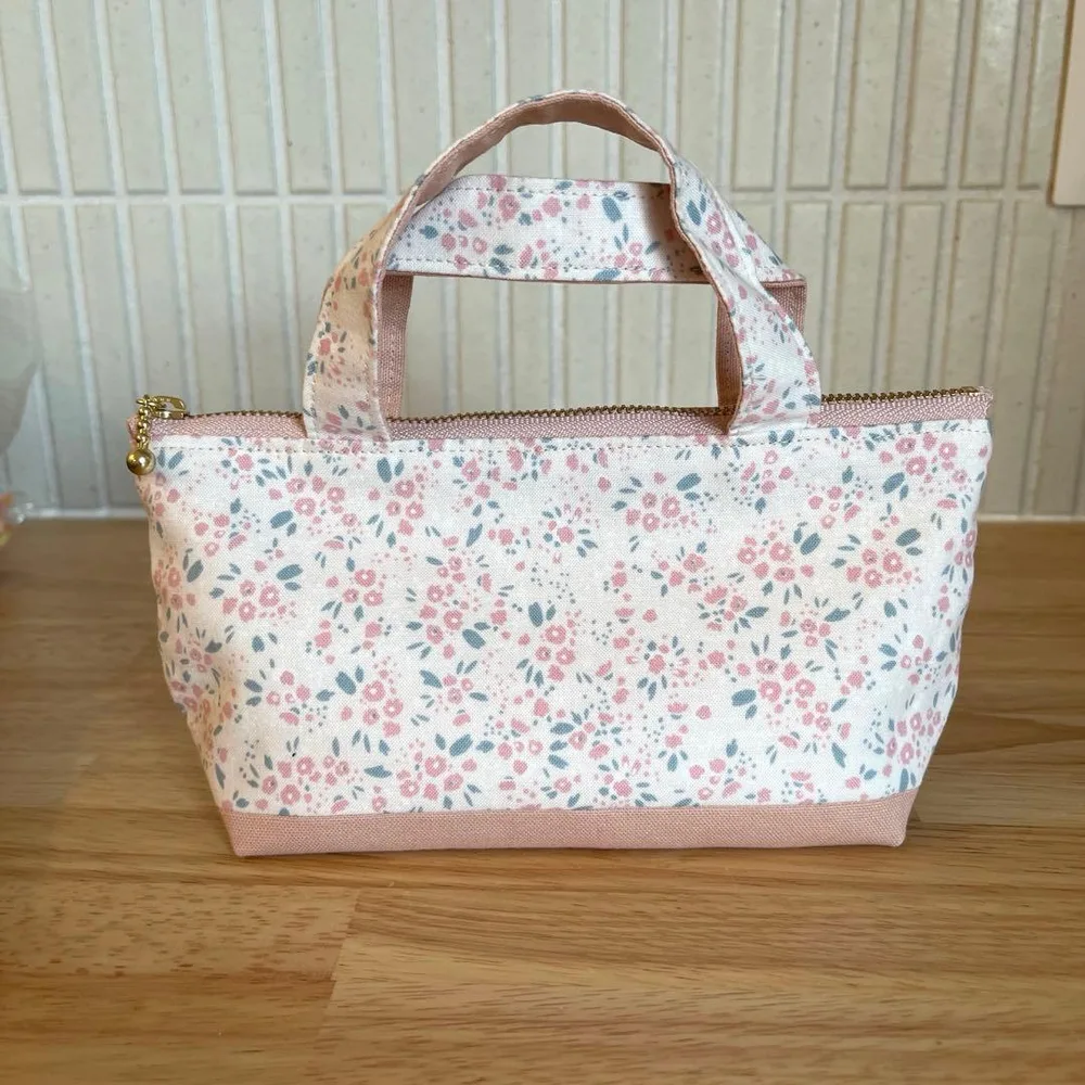 ハンドメイド ミニトート型ポーチ 花柄 ピンク 持ち手つきポーチ