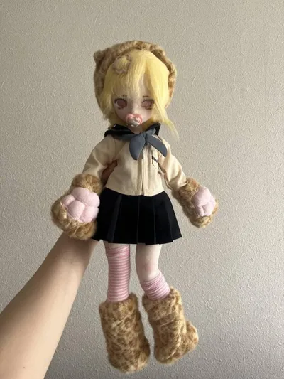 ☆即納 ケモノ アートドール 約40cm ヒョウ柄 金髪 骨格入り 衣装付き
