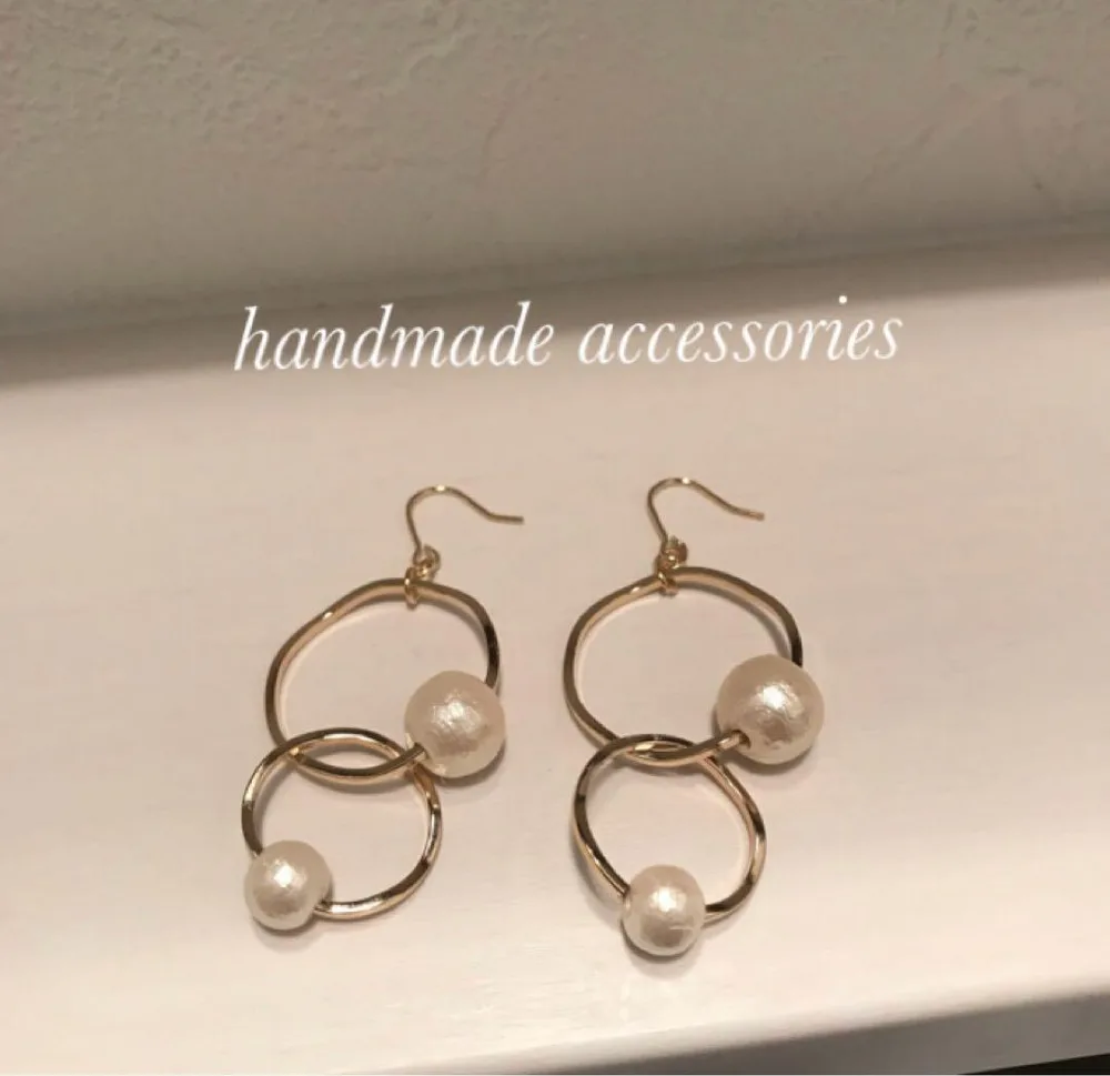 ハンドメイド コットンパール 2連フープピアス✴︎イヤリング