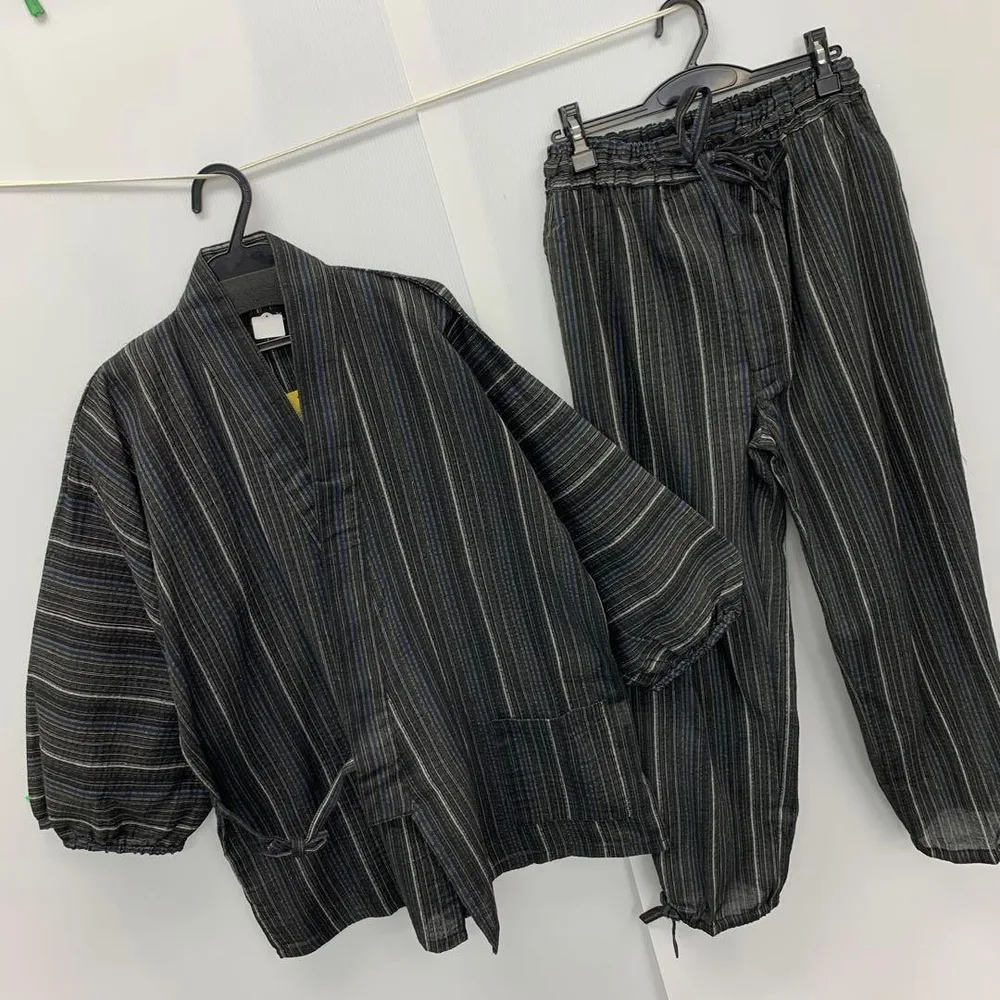 新品★メンズ★LLサイズ★縞柄 しじら 作務衣 さむえ 上下セット 黒 4701