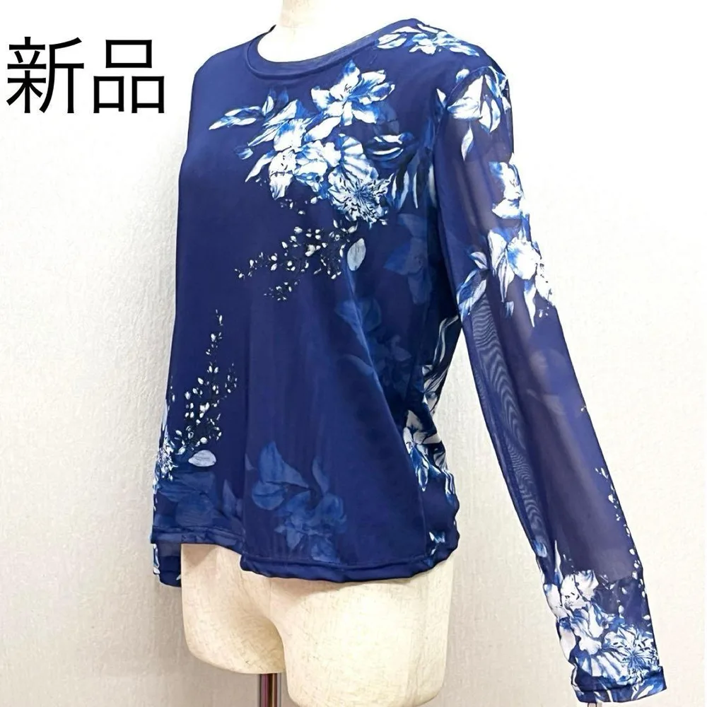 新品 レディースカットソー Tシャツ パワーネット ネイビーに白い花