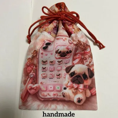 一点限定品❗️パグMyスマホ柄 両面巾着 ハンドメイド