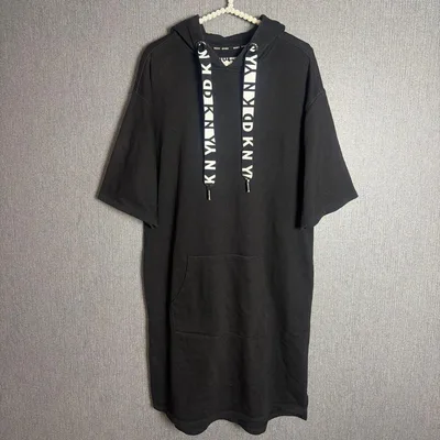 DKNY 半袖 フーディー パーカーワンピース ブラック ロゴドローコード S