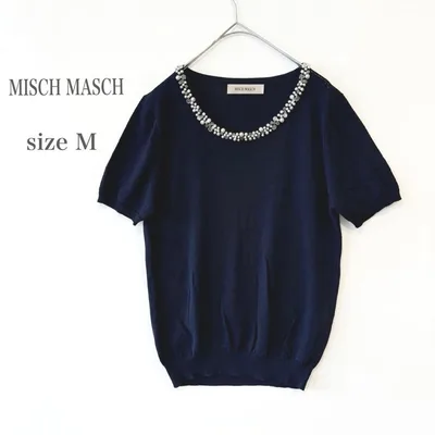 ミッシュマッシュ パールビジューネック 半袖ニット カットソー ネイビー M