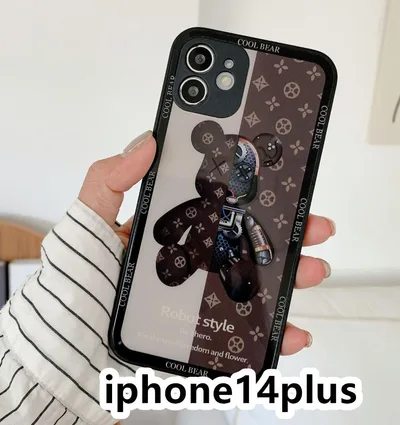 iphone14plusケース カバー 背面強化ガラス 璃熊 茶色