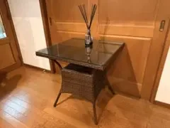 ラタン調 ガラステーブル サイドテーブル